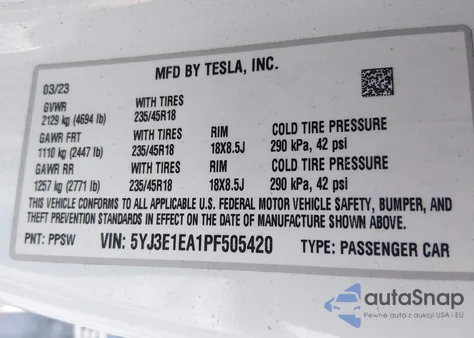 2023 Tesla Model 3 Rear-Wheel Drive z USA, uszkodzony, nr VIN 5YJ3E1EA1PF505420